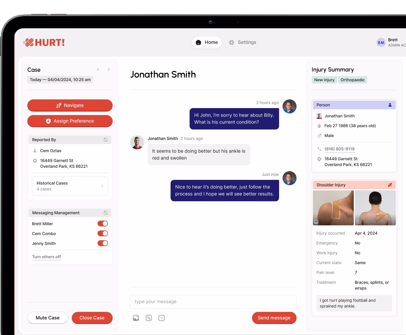 Medical chat interface showing a conversation between two users discussing a patient's swollen ankle, with injury summary and case details on the screen.