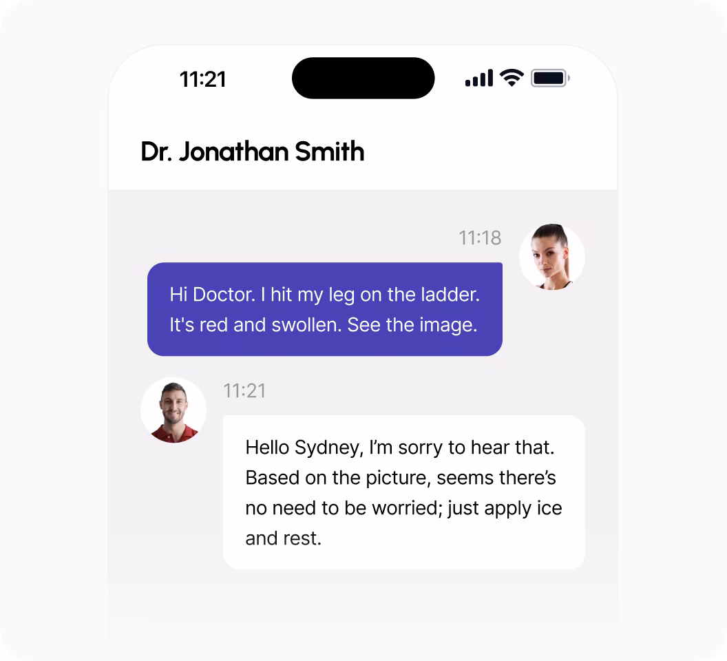 Chat conversation between a patient and Dr. Jonathan Smith discussing a red and swollen leg injury with advice to apply ice and rest.