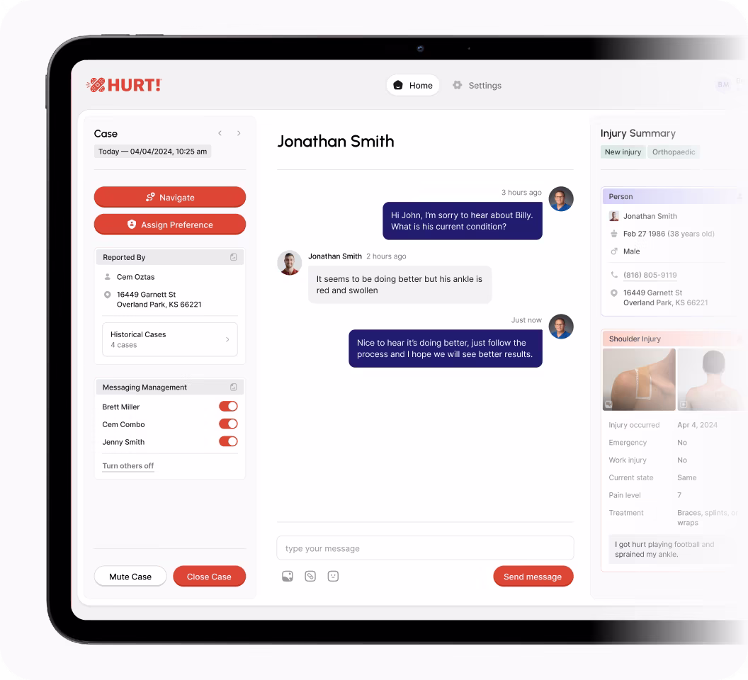 Tablet displaying clinical triage app with patient case details, chat conversation about ankle injury, and injury summary for Jonathan Smith.