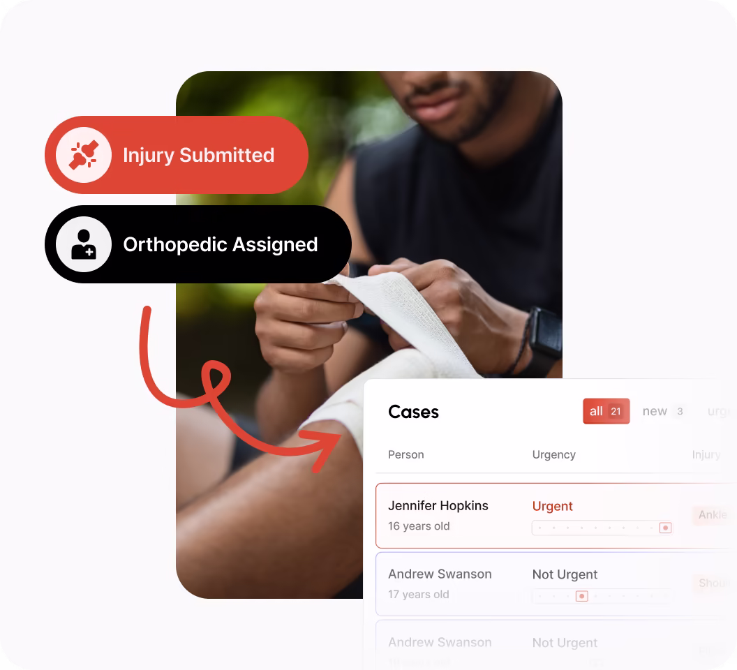 Person wrapping their injured leg with a bandage, alongside labels 'Injury Submitted' and 'Orthopedic Assigned' and a case list showing urgent and non-urgent injury statuses.