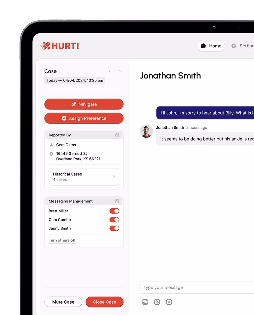 Tablet screen showing 'HURT!' app interface with a case management panel on the left and a chat conversation with Jonathan Smith on the right.