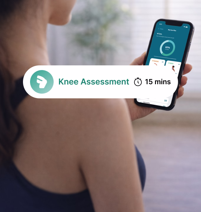 A woman holding a smartphone displaying a progress circle, with overlay text about a 15-minute hip assessment for range of motion and pain level.