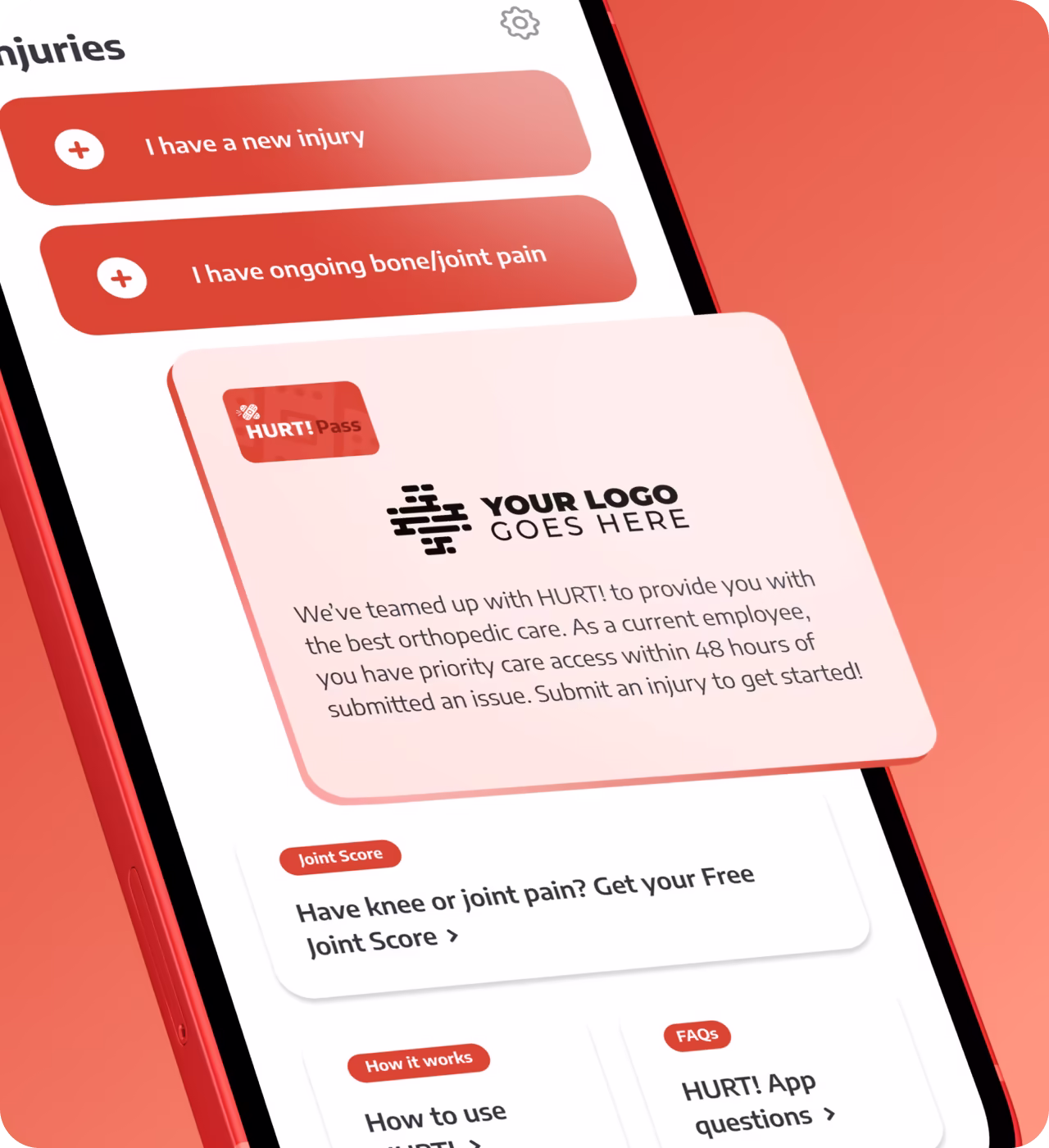 Close-up of a mobile phone screen showing an injury reporting app with buttons for 'I have a new injury' and 'I have ongoing bone/joint pain' and a message card about priority orthopedic care from HURT! Pass.