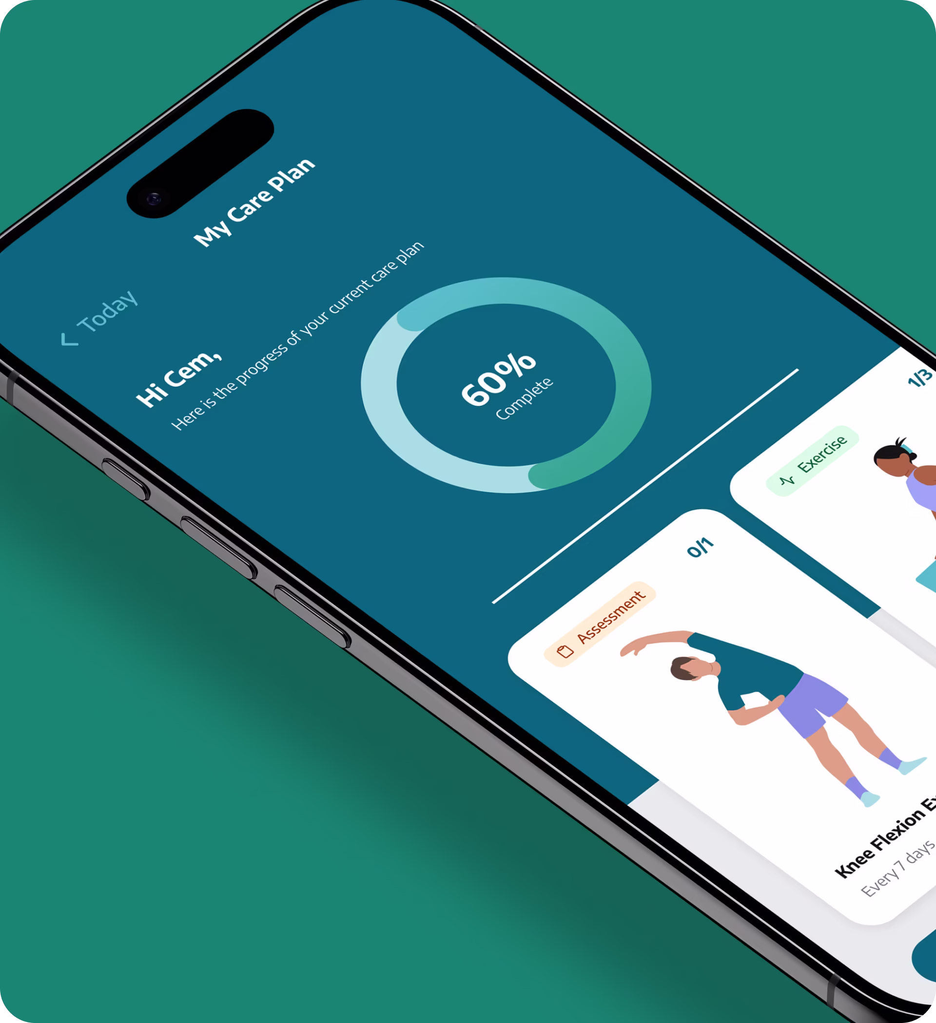 Smartphone screen showing a care plan progress with a 60% complete circular chart and exercise and assessment sections.