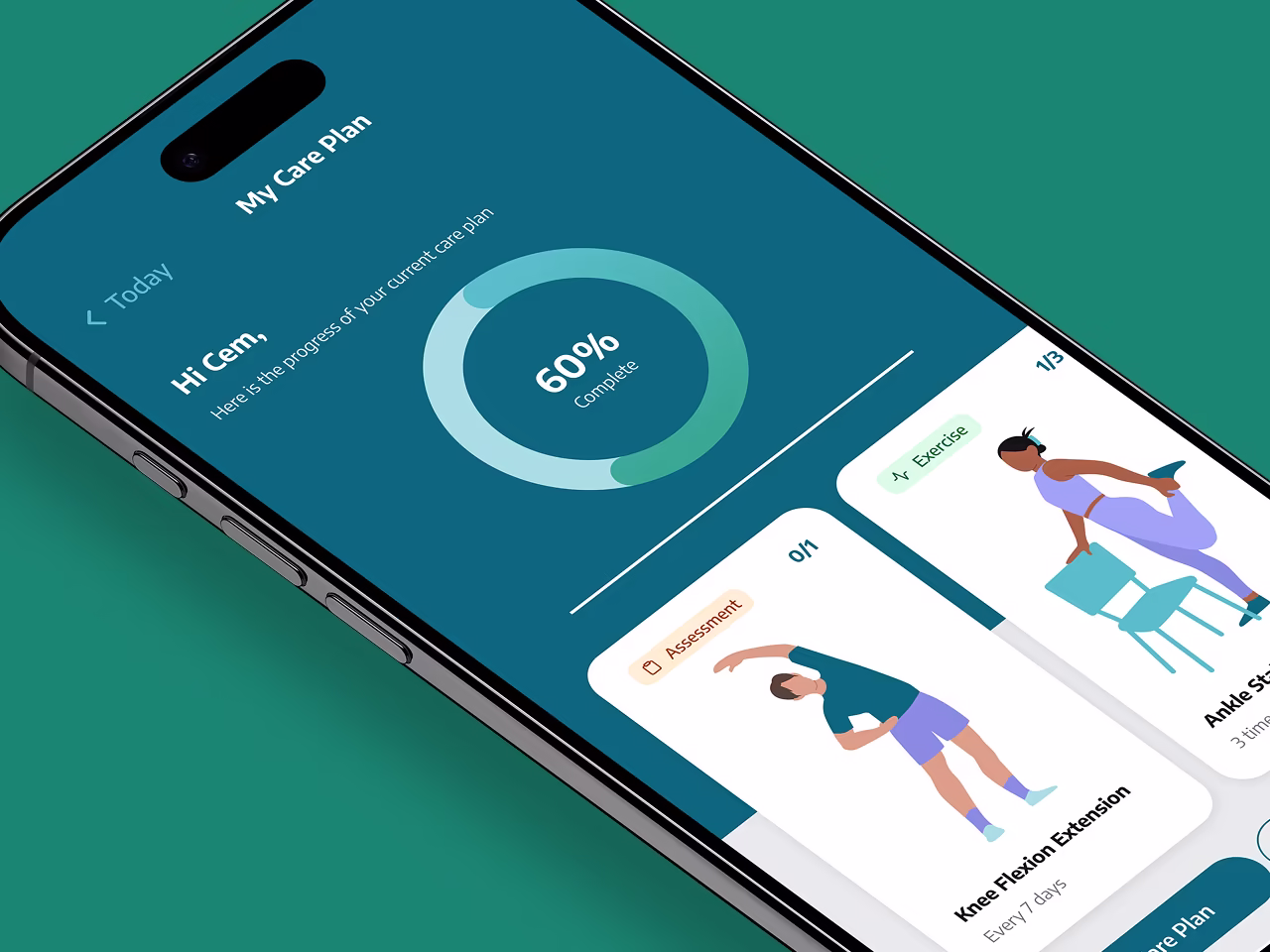 Mobile phone screen showing a care plan app with a 60% completion progress ring, greeting the user 'Hi Cem,' and displaying exercise tasks like knee flexion extension and ankle stretch.