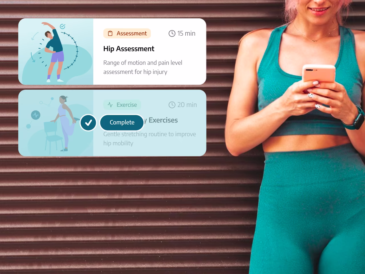Woman in teal workout outfit looking at her phone, with hip assessment and mobility exercise cards displayed next to her.