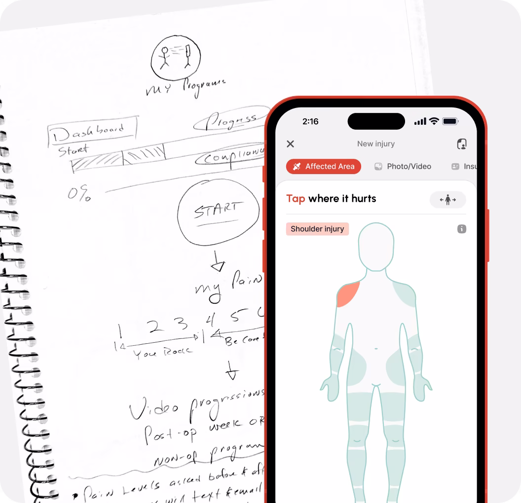 Mobile phone screen displaying a health app where a user taps the shoulder area on a human outline to indicate shoulder injury pain.