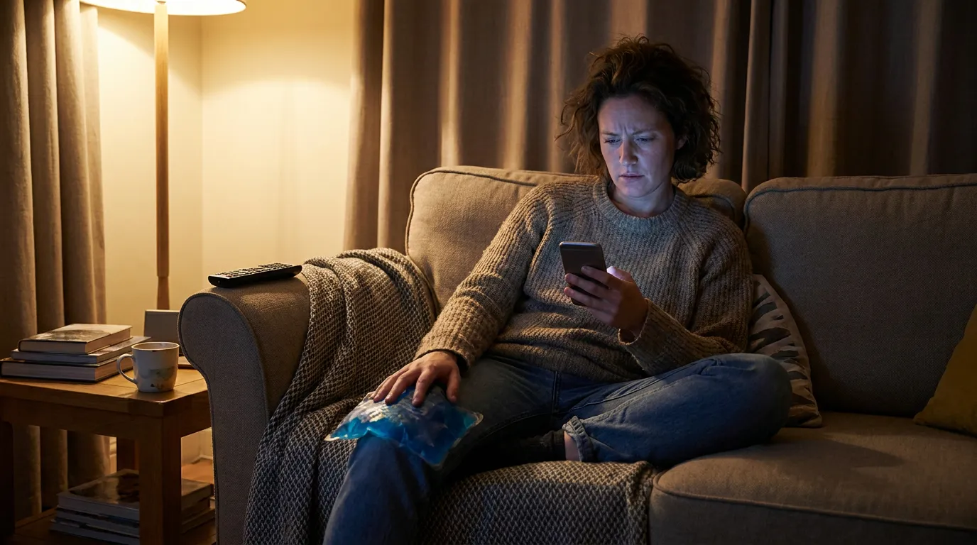 A woman on her couch at night with an ice pack on her knee, looking at her phone