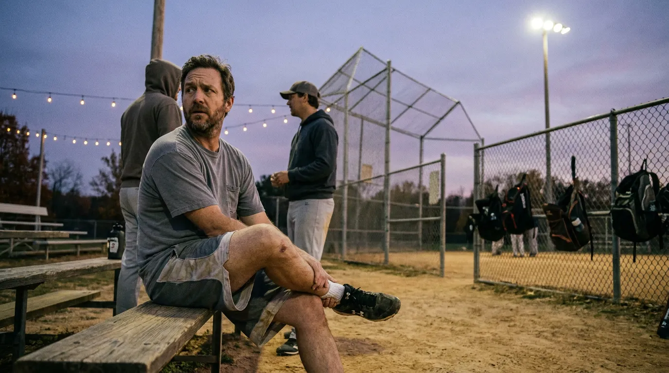 A man sits on a bench at a softball field in the evening, holding his injured ankle