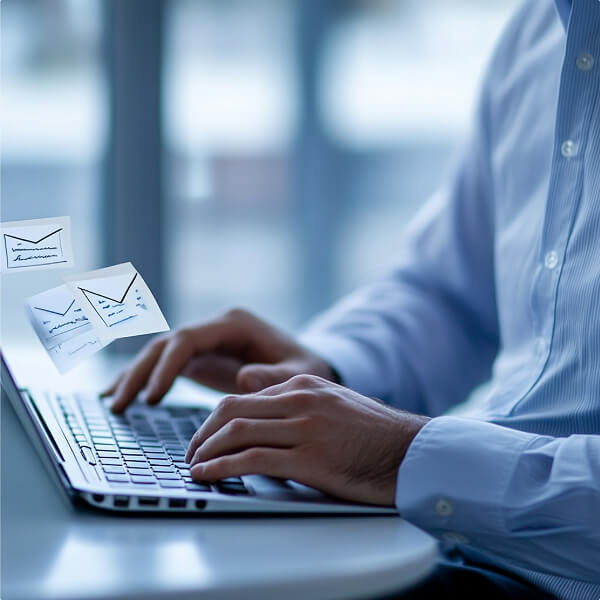 Typing on laptop representing first contact or business communication