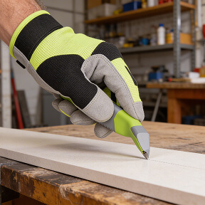 Roka mojstra v zaščitni rokavici uporablja VIREX PRO nož za rezanje