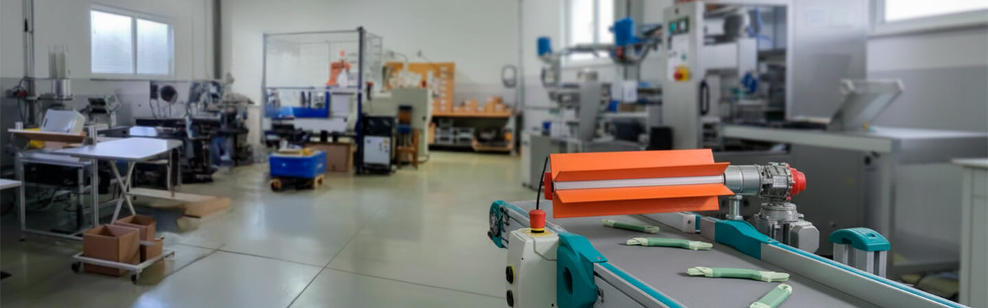 Workshop with a conveyor belt that produces VIREX safety knifes.