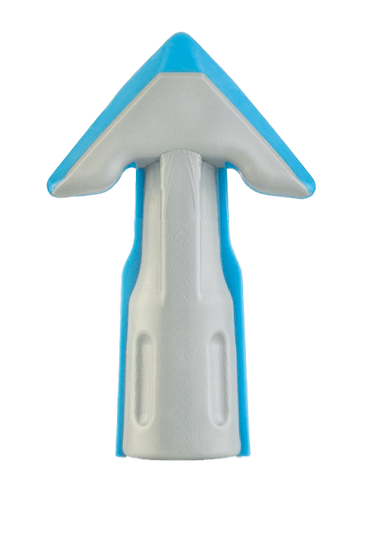 White and blue silicone gun nozzle attachment with textured grip.