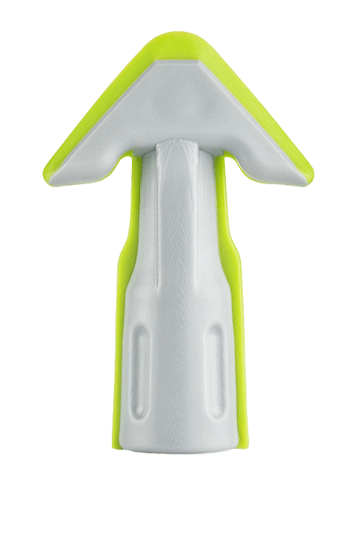 White and lime green silicone gun nozzle attachment with textured grip.