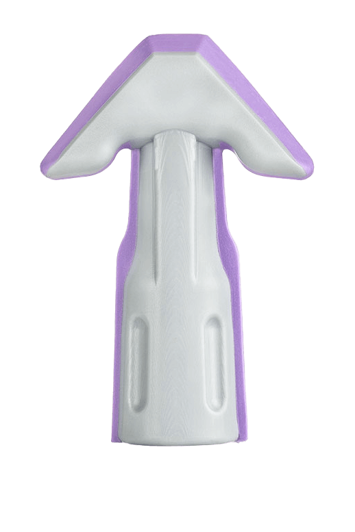 White and purple silicone gun nozzle attachment with textured grip.