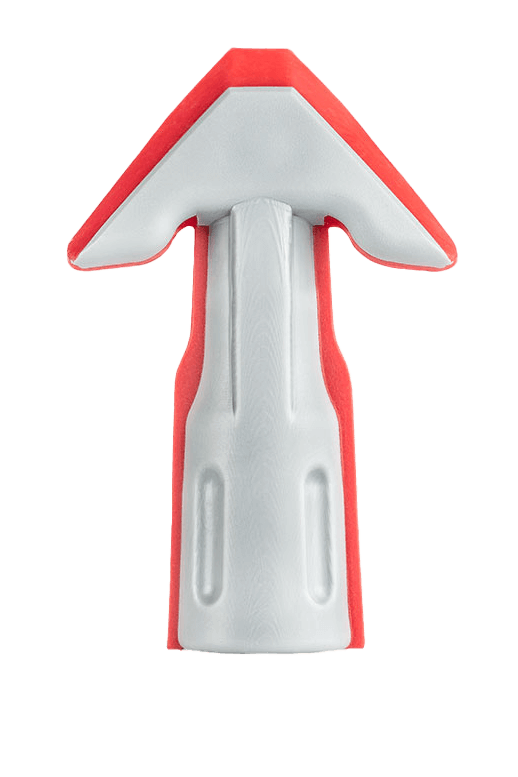 Gray and red silicone gun nozzle attachment with textured grip.
