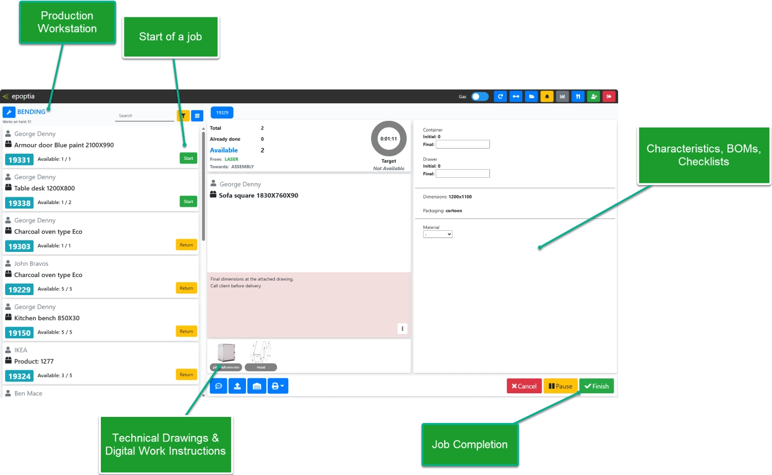 Epoptia MES dedicated operator screen displaying production workstation tasks, digital work instructions, and BOMs.