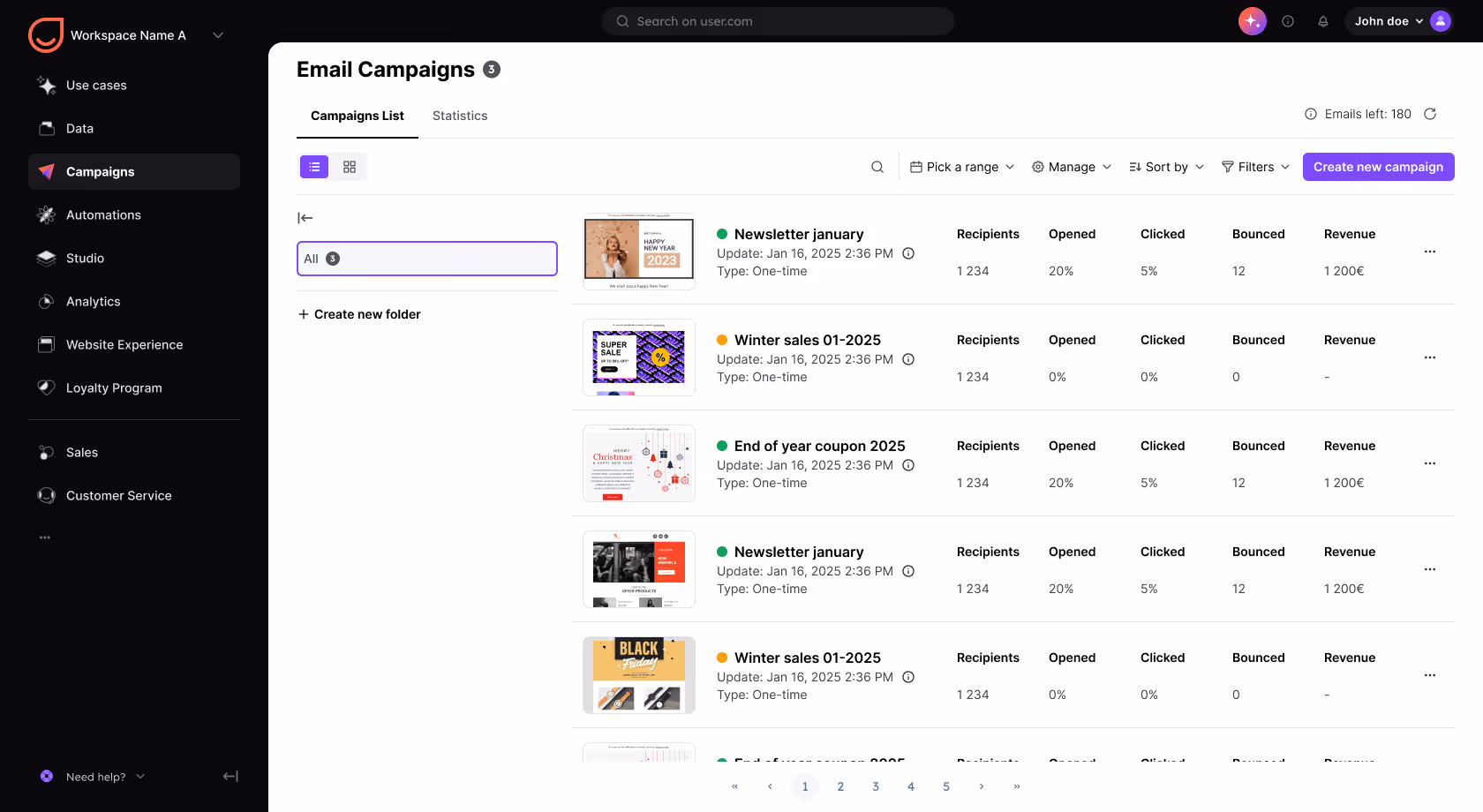 Dashboard interface showing a list of email campaigns with columns for recipients, opened, clicked, bounced, and revenue, including campaign thumbnails and statuses.