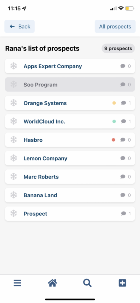 Listas de prospecção em aplicativo CRM