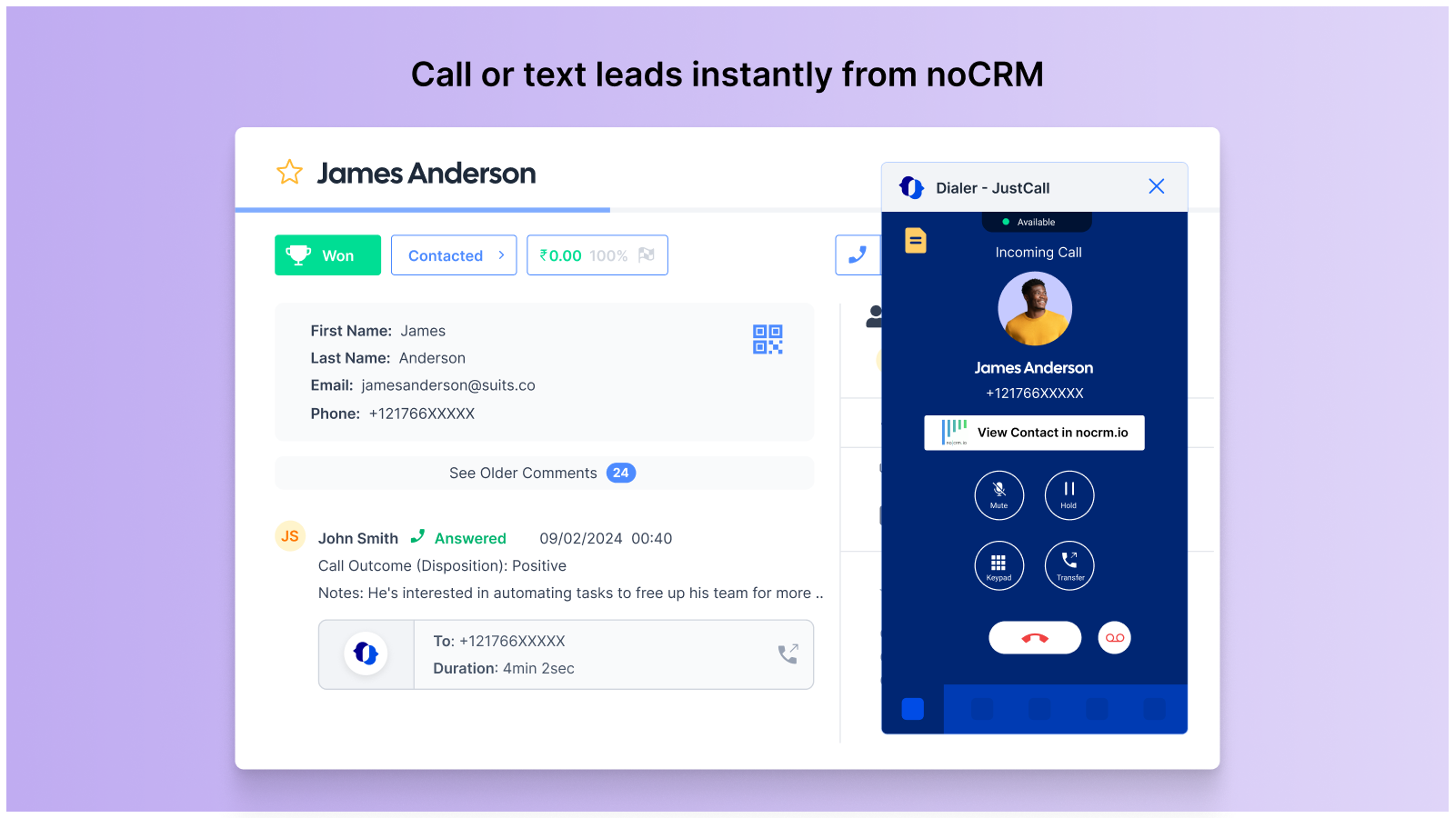 noCRM and JustCall integration