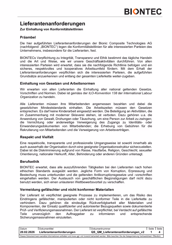 Dokument «Lieferantenanforderungen» von BIONTEC