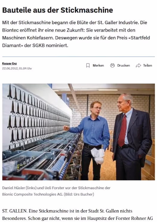 Artikel «Bauteile aus der Stickmaschine» mit Foto aus der Produktionshalle