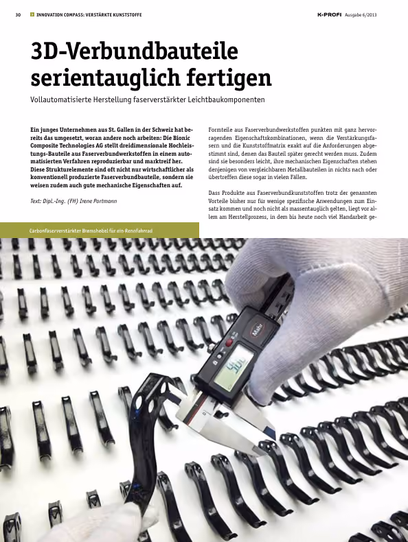Artikel «3D-Verbundbauteile serientauglich fertigen» mit Foto von Composite-Bauteilen