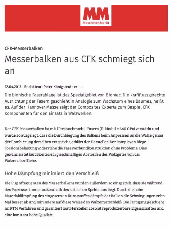 MM-Artikel «Messerbalken aus CFK schmiegt sich an»