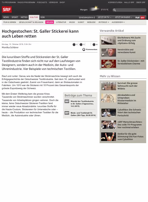 Online-Artikel «Hochgestochen – St.Galler Stickerei kann auch Leben retten»