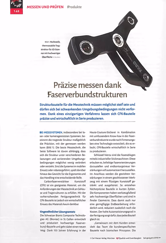 Artikel «Präzise messen dank Faserverbundstrukturen» mit schwarzem Faserverbundbauteil