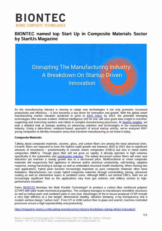 BIONTEC Beitrag im Artikel «Disrupting the Manufacturing Industry»