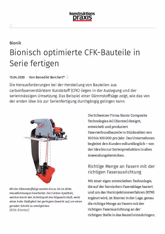 Artikel «Bionisch optimierte CFK-Bauteile in Serie fertigen» mit Bauteilabbildung
