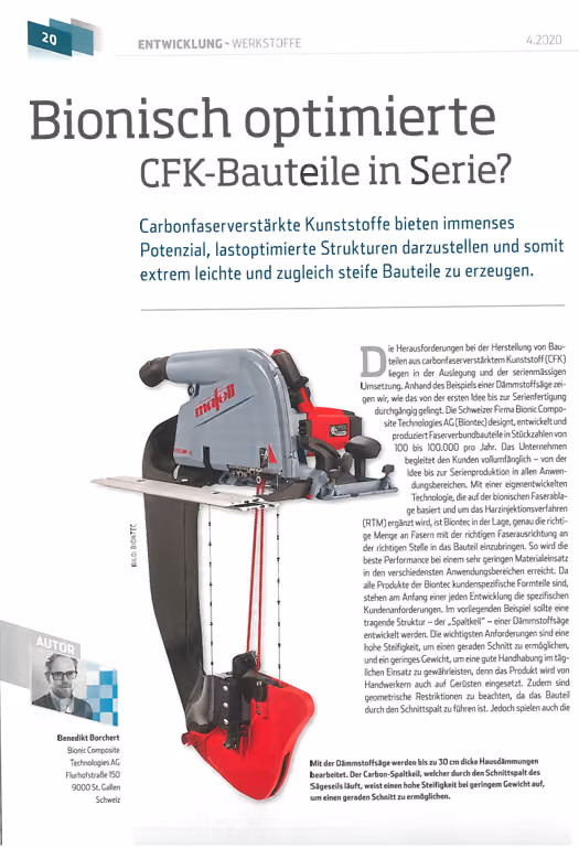 Artikel «Bionisch optimierte CFK-Bauteile in Serie» mit Bauteilabbildung