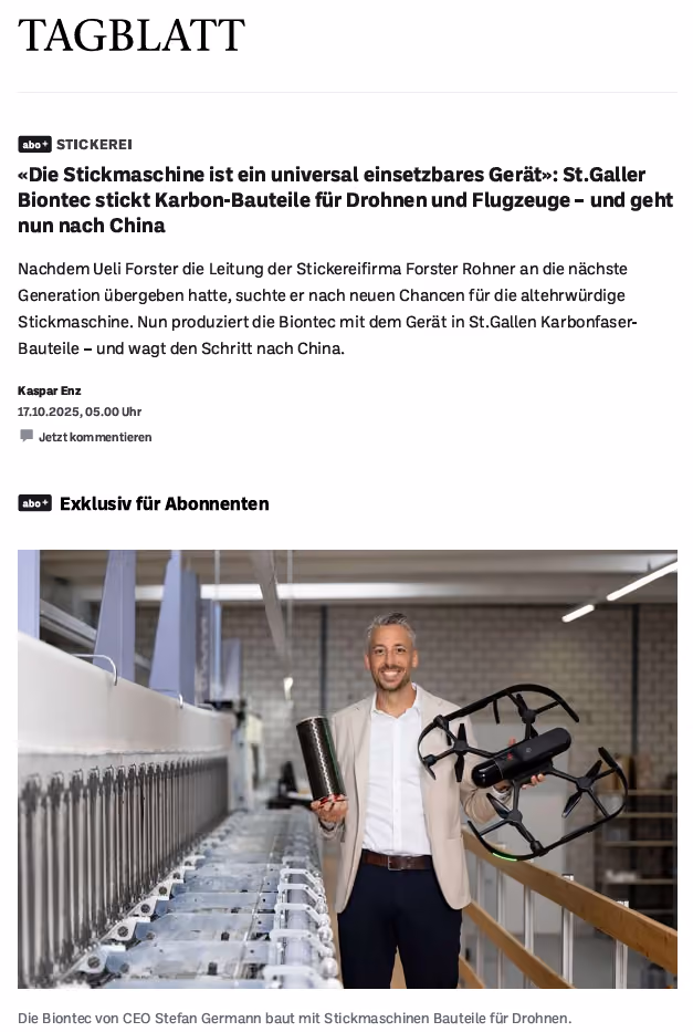 Tagblatt-Artikel «Die Stickmaschine ist ein universal einsetzbares Gerät» mit Foto aus der Produktion