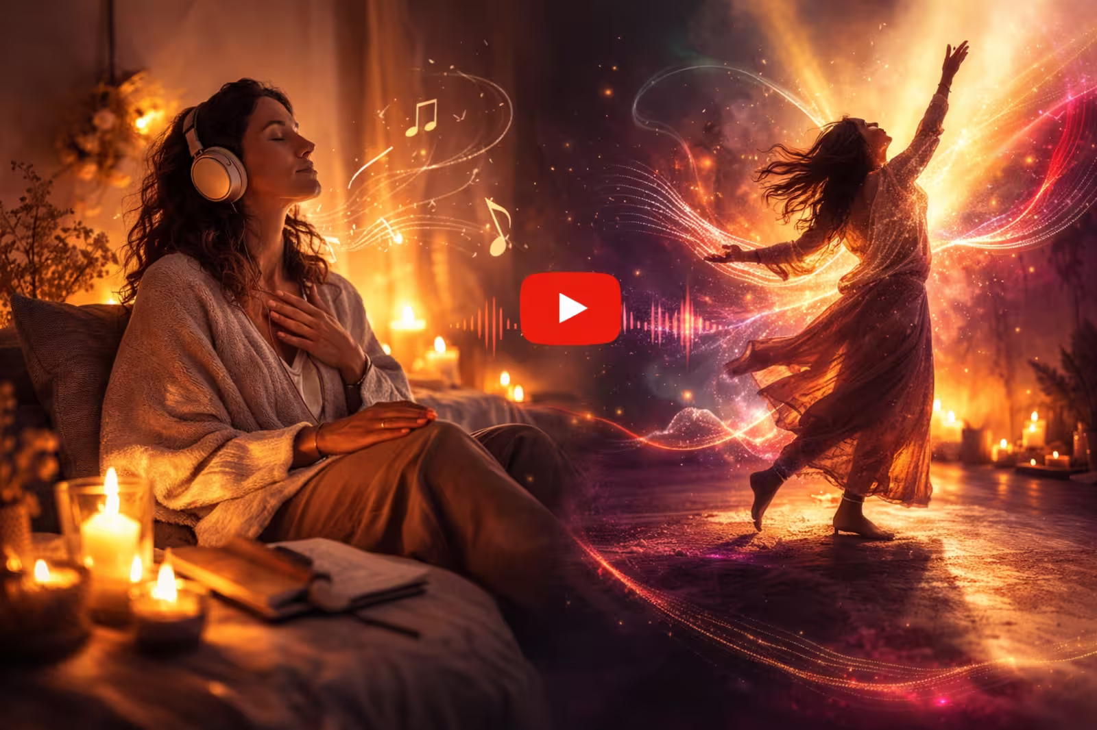 Femme écoutant une méditation au casque et danse libre symbolisant des playlists YouTube de méditation, hypnose et extatic dance