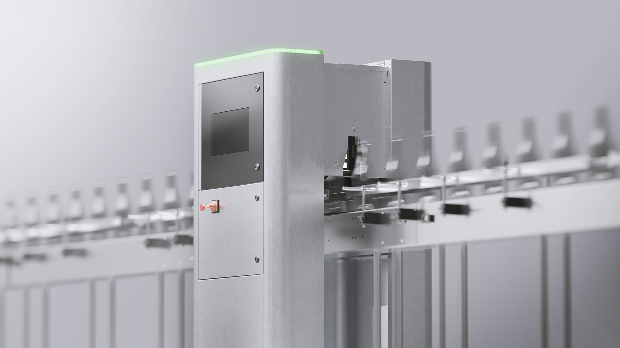 MynVision with conveyor belt moving small bottles in a production line.