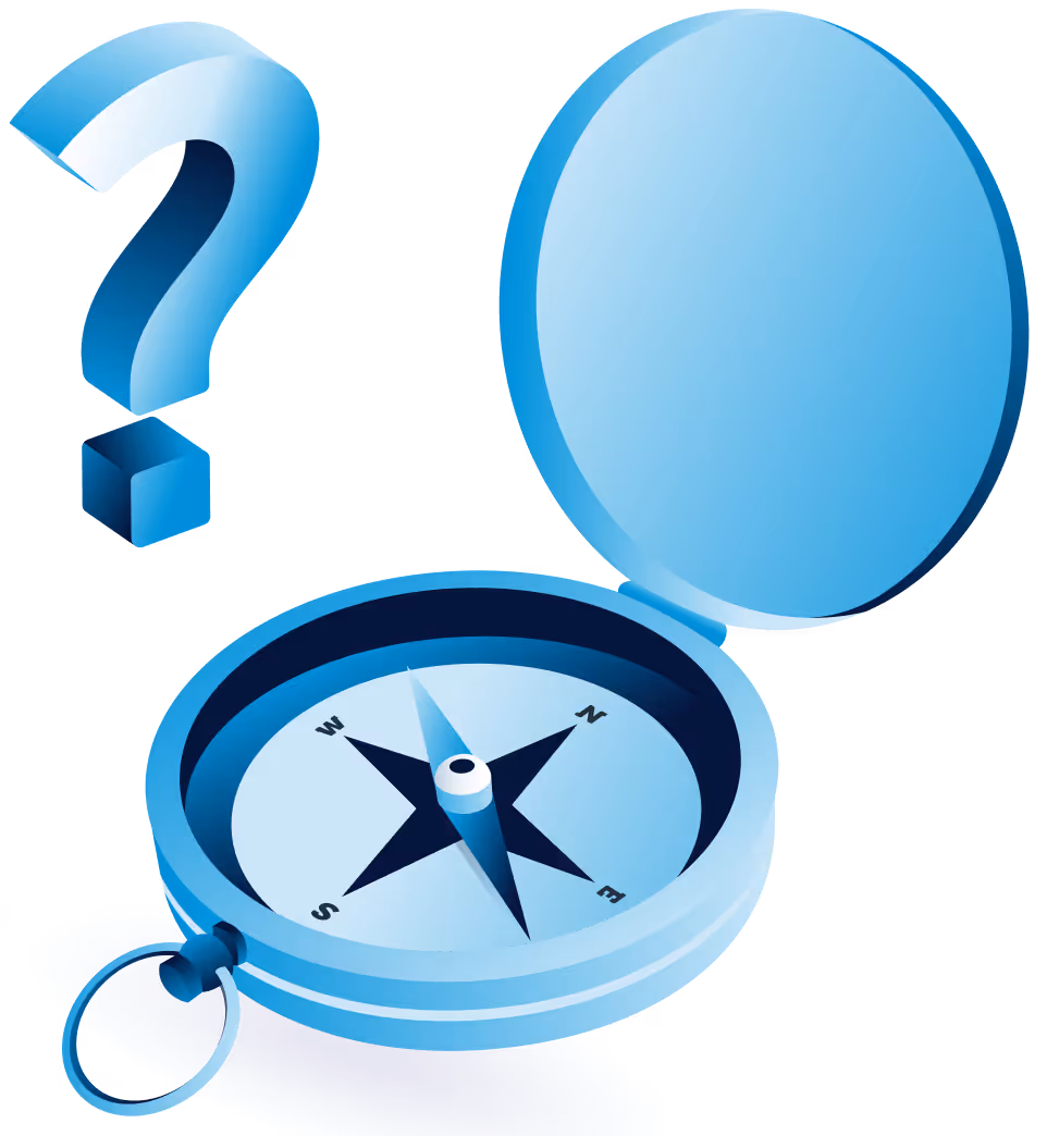 Blue compass with an open lid showing direction points and a 3D question mark nearby.