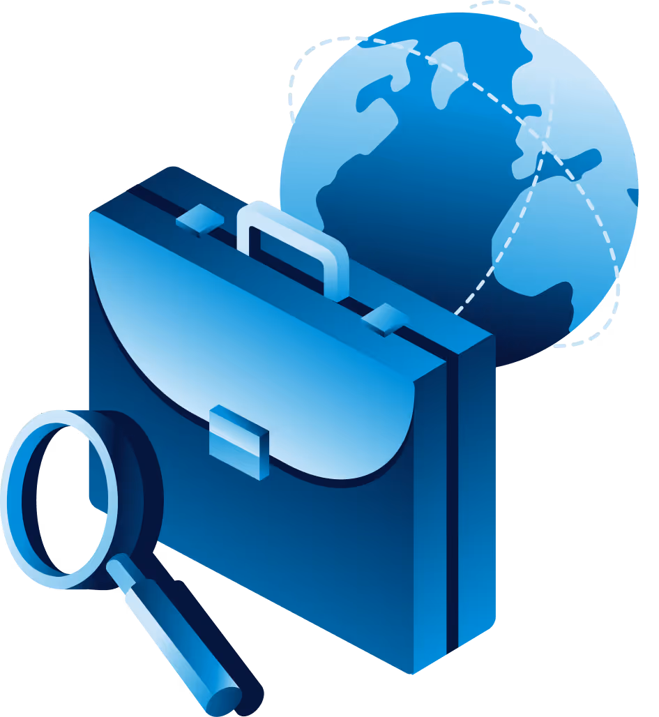 Blue briefcase, magnifying glass, and globe with dotted lines showing global connections.
