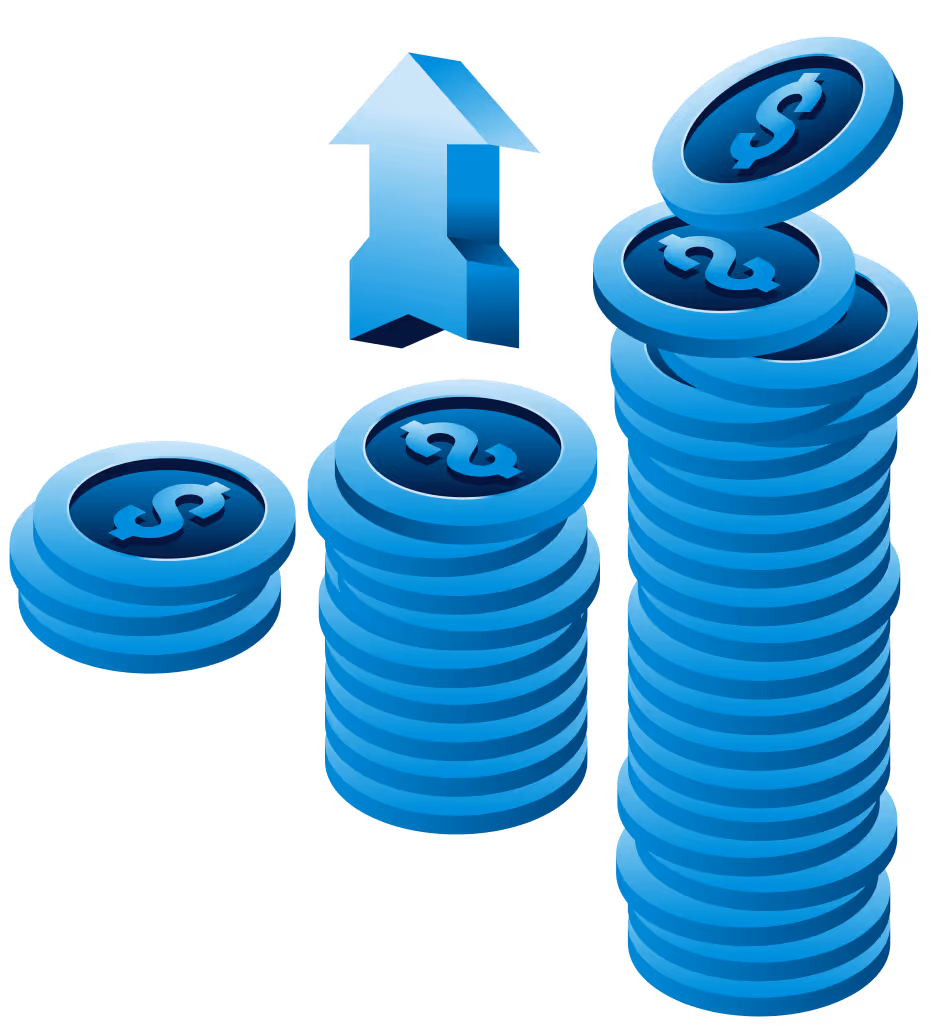 Stacks of blue coins with dollar signs and an upward blue arrow indicating financial growth.