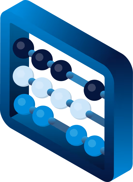 Isometric blue and black abacus with three rows of beads in different shades of blue.