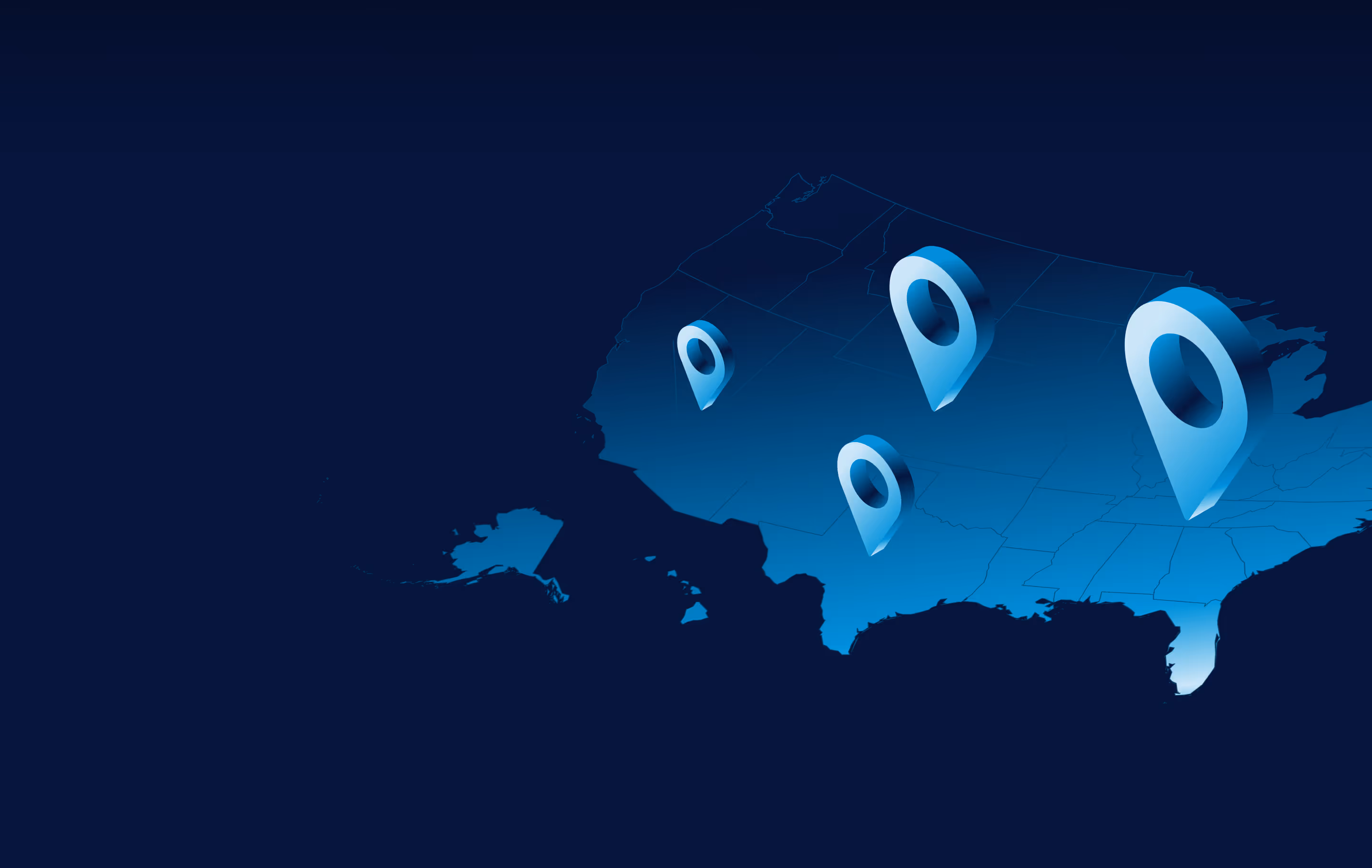 Map of the United States with four large blue location markers highlighting different areas.