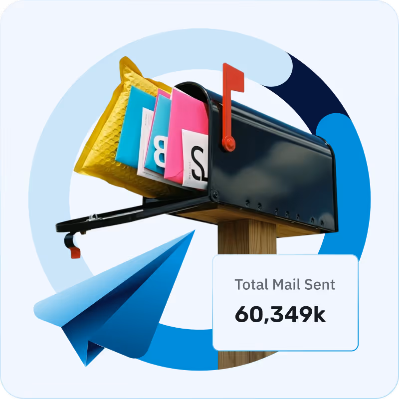 Mailbox open with colorful mail and a paper airplane, showing total mail sent as 60,349k.
