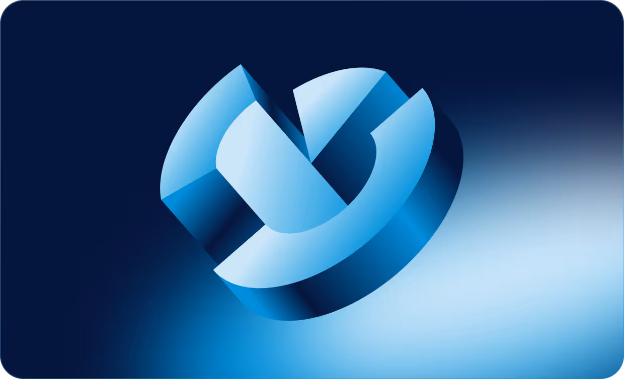 Three-dimensional abstract blue geometric shape on a dark blue gradient background.