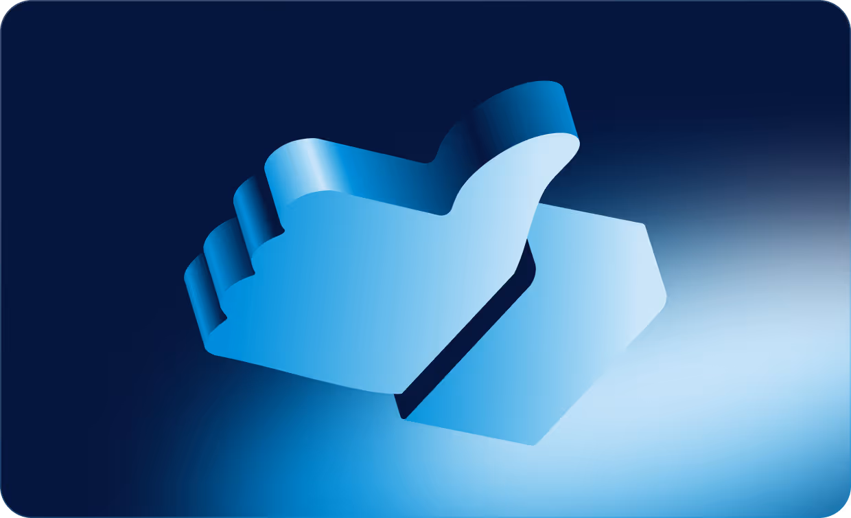 3D blue thumbs-up icon on a gradient dark blue to light blue background.