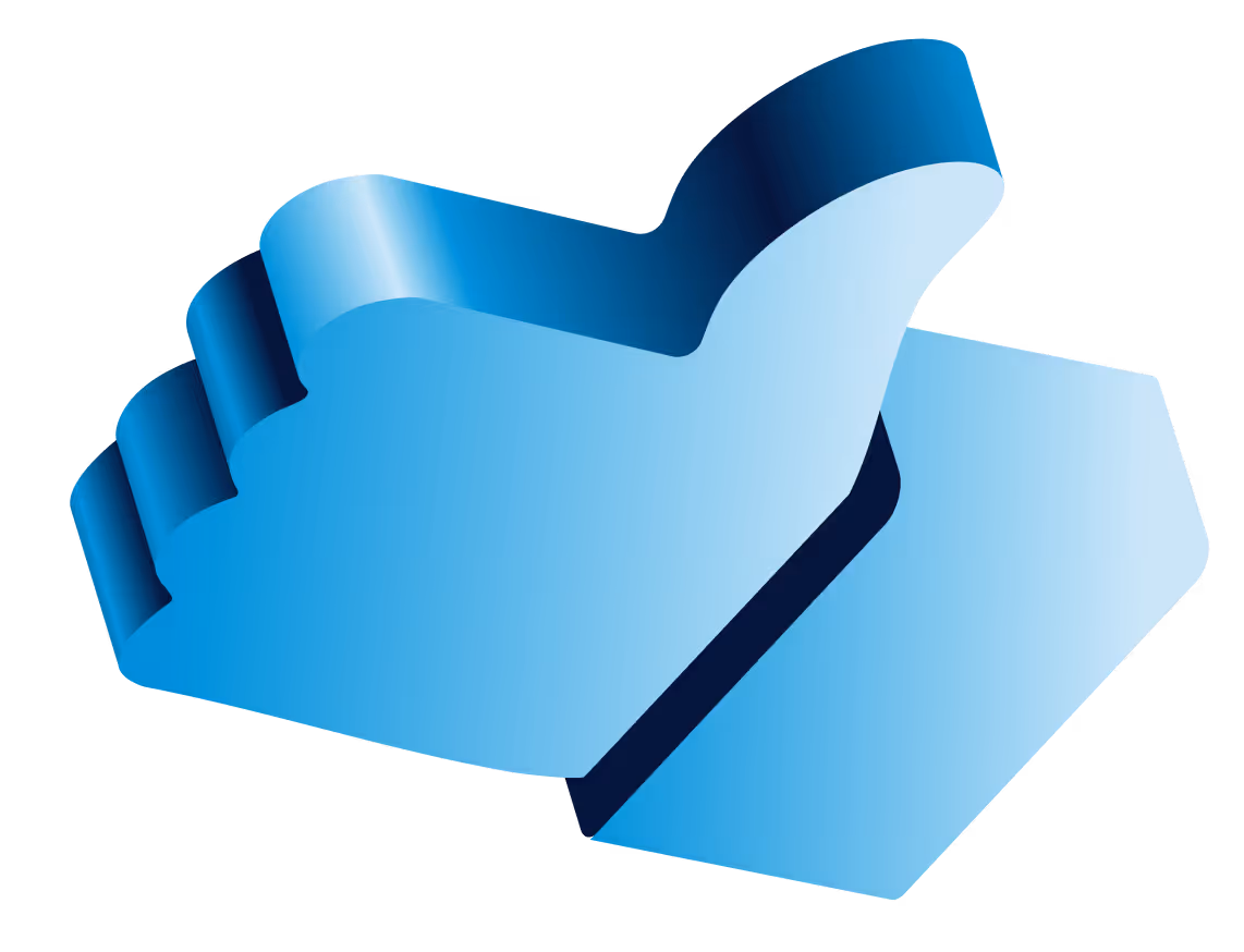 Blue 3D hand giving a thumbs-up on a transparent background.