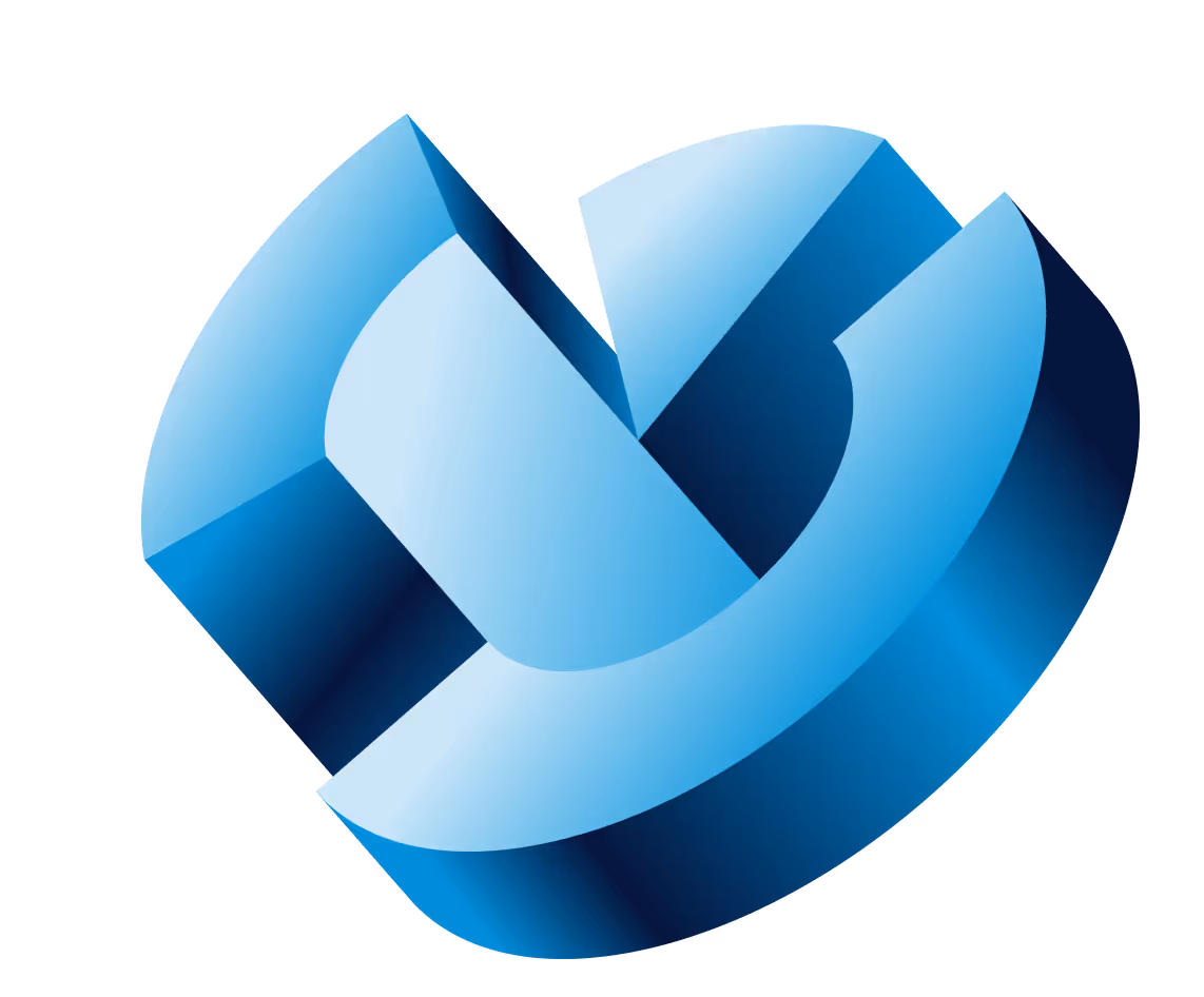 Blue 3D geometric shape with interlocking curved and angular segments on black background.