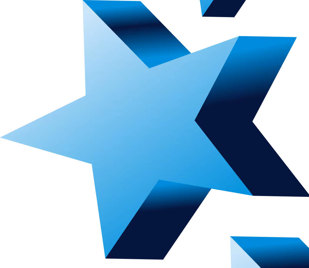 Three-dimensional blue star with gradient shading on a black background.
