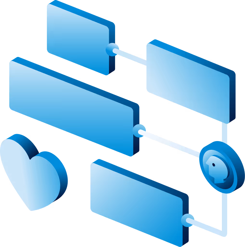 Blue 3D flowchart with rectangles connected to a heart and a head icon.