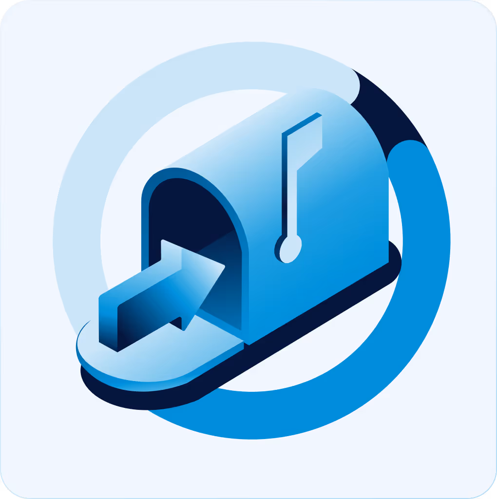Blue mailbox with open door and arrow pointing inside surrounded by a circular ring.