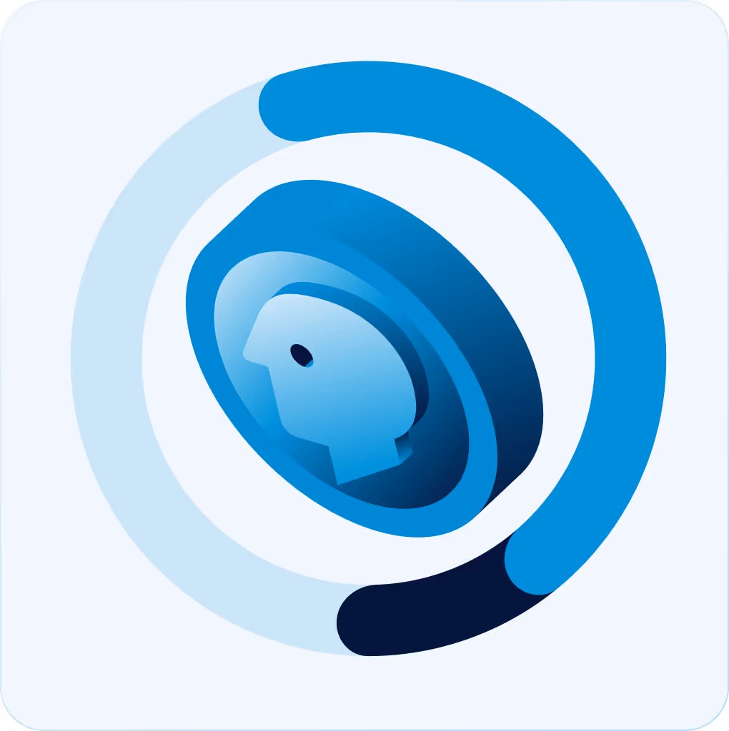 Abstract blue circular design with a stylized human head profile in the center.